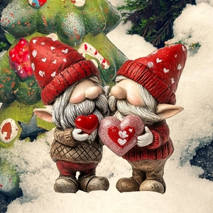 Detailed view of Christmas gnome garden stakes with red heart hats and knitted texture