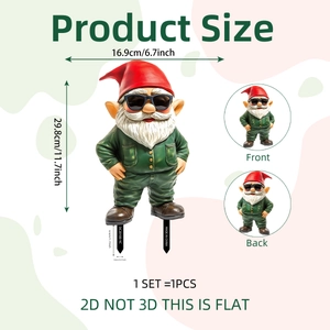 Detailed size chart of 2D PVC Christmas gnome garden stake showing height and width