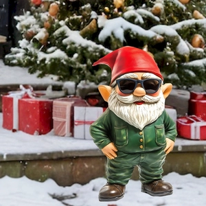 Cool Christmas gnome garden stake with sunglasses and red hat in a snowy outdoor scene