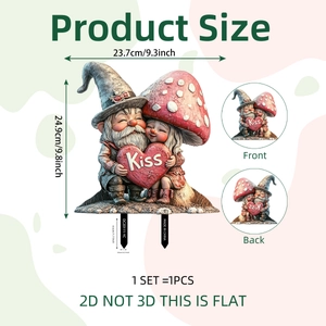 Detail view of 2D gnome couple garden stake with dimension labels and Kiss heart detail