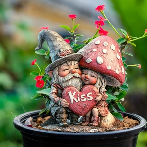 Close-up of resin garden gnome couple holding a red heart with Kiss engraving