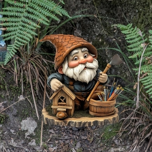 Gnome garden ornament holding a birdhouse and paintbrush bucket in a lush outdoor setting