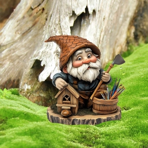 Garden gnome decoration holding a birdhouse and shovel on a lush moss background