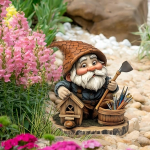 Garden gnome statue with birdhouse and paint brushes on a colorful flower path