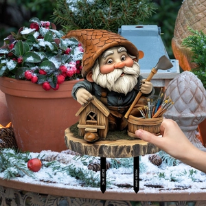 Garden gnome decorative stake with pointed hat and shovel for outdoor lawn courtyard