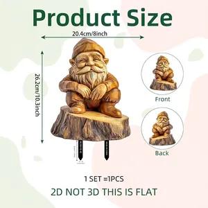 Flat 2D garden gnome on mushroom ornament with size chart and front back views