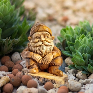 Macro detail of gnome garden ornament showing realistic wood texture and hand-carved finish
