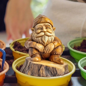Wood-carved style resin gnome statue with pointed hat on stump for garden decor