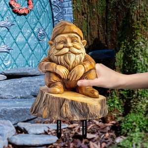 Garden gnome stake on log featuring realistic wood texture and metal ground anchors