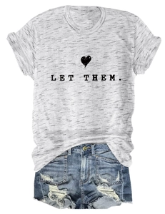Detail of grey short sleeve T-shirt with LET THEM print and denim shorts for casual look
