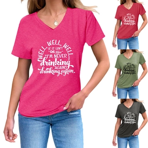 Detailed view of women's V-neck T-shirt with well well well text and color options