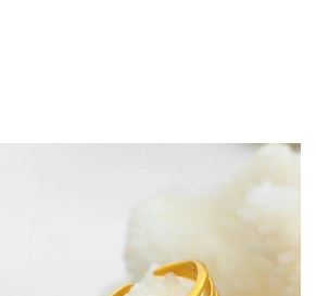 Close-up of a matte gold adjustable ring displayed on white crystal minerals