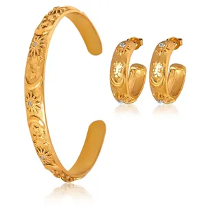 Sun Moon Star Relief Jewelry Set Titanium Steel 18K Gold Plated Zircon Bangle Earrings French Vintage For Women