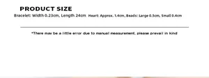 Detailed size chart for the stainless steel heart bracelet with specific measurements