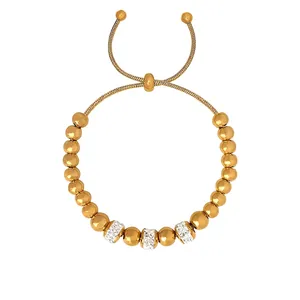 Bracelet À Perles Réglable Acier Titane Plaqué Or 18K Strass Fermoir Coulissant Perles Rondes Polies Bijoux Pour Femmes