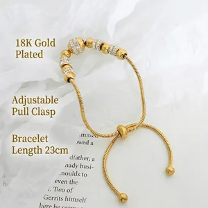 18K gold plated adjustable slider bracelet with sparkling zircon beads on 23cm snake chain