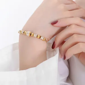 Elegant 18K gold plated titanium steel beaded bracelet with sparkling zircon accents