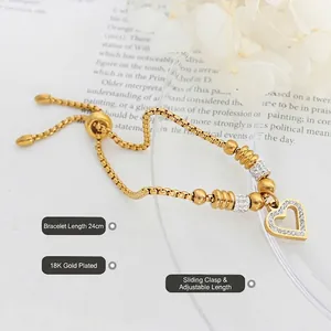 Adjustable 18K gold plated heart bracelet with sparkling stones and 24cm slider chain