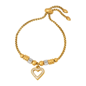 Gold hollow heart charm bracelet with sparkling crystals and adjustable bolo chain
