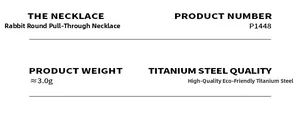 Detailed specs card for rabbit round drawstring necklace in titanium steel, model P1448