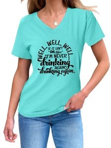Detail of well well well letter print on blue V-neck slim fit short sleeve cotton T-shirt