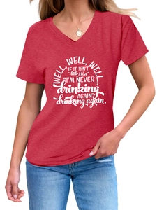 Detail of red V-neck T-shirt featuring white well well well artistic slogan print