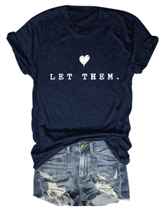 Detail of navy blue cotton T-shirt featuring white LET THEM print and heart graphic