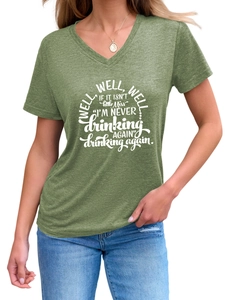 Detail of grey V-neck T-shirt featuring well well well if it white artistic typography
