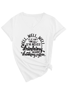 Detail of white V-neck T-shirt showing Well Well Well letter print and bottom knot design