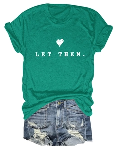 Detail of green LET THEM cotton T-shirt featuring hand-drawn heart print and letter graphics