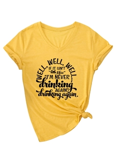 Detail of yellow V-neck T-shirt with black letter print and creative knot hem design