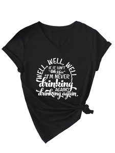 Detail of V-neck T-shirt showing printed lettering and stylish knotted hem design