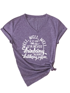 Detail of purple V-neck t-shirt with well well well text and side knot hem design