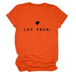 Detail of Let Them text and heart print on bright orange cotton t-shirt with rolled sleeves