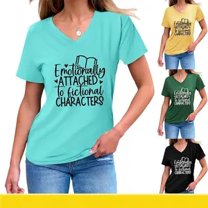 T-Shirt Femme Col En V Manches Courtes Mélange De Coton Emotionally Attached Imprimé Slogan Nœud Latéral Haut Décontracté