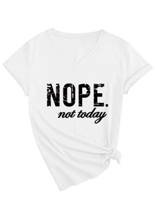 Close-up of V-neck white T-shirt featuring NOPE not today text and side knot detail