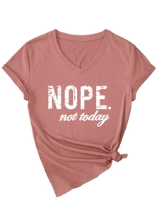 Detail of pink V-neck T-shirt with 'Nope not today' print and stylish knotted hem detail