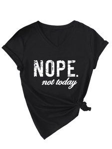 Detail of V-neck cotton T-shirt featuring NOPE not today print and front hem tie knot