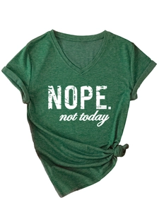 Detail of V-neck short sleeve T-shirt in dark green heather with NOPE print and side knot