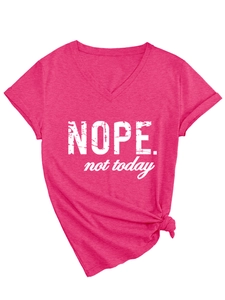 Detail of V-neck T-shirt with 'Nope not today' print and knotted hem in magenta pink