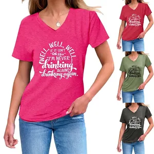 Women V-Neck Short Sleeve T-Shirt Cotton Blend Funny Letter Print Humorous Slogan Casual Summer Top