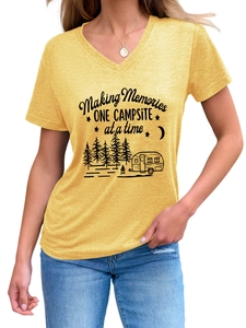 Detail of V-neck T-shirt showing Making Memories camping print and soft yellow fabric