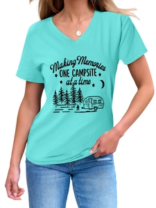 Detail of V-neck cyan T-shirt featuring Making Memories camping print and camper graphic