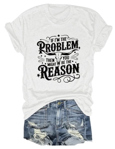 Detailed close-up of white graphic T-shirt with vintage bull skull print and denim shorts