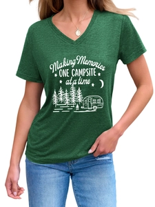 Detail of V-neck dark green T-shirt with camping print and soft heathered texture