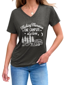Close-up of Making Memories camping print on a grey V-neck t-shirt with pine tree icons