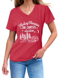 Detail of V-neck red cotton blend T-shirt with Making Memories campsite graphic