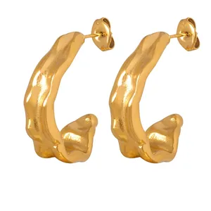 Irregular Lava Texture C Shaped Hoop Earrings Titanium Steel 18K Gold Plated Minimalist Geometric Studs For Women