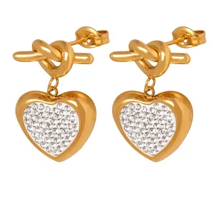 Heart Drop Earrings Titanium Steel Knot Design Rhinestone Pave Elegant Fashion Jewelry Accessory For Women Gift