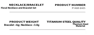 Details zum Blumen-Halsketten- und Armband-Set aus Titanstahl mit Gewichtsangabe